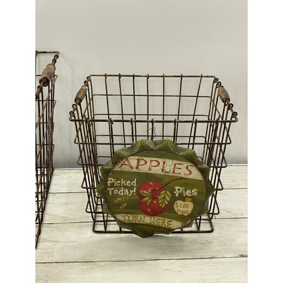 Vintage Metal Wire Locker Baskets Apple Pie Farmhouse Storage | Set of 2 - Picture 15 of 16